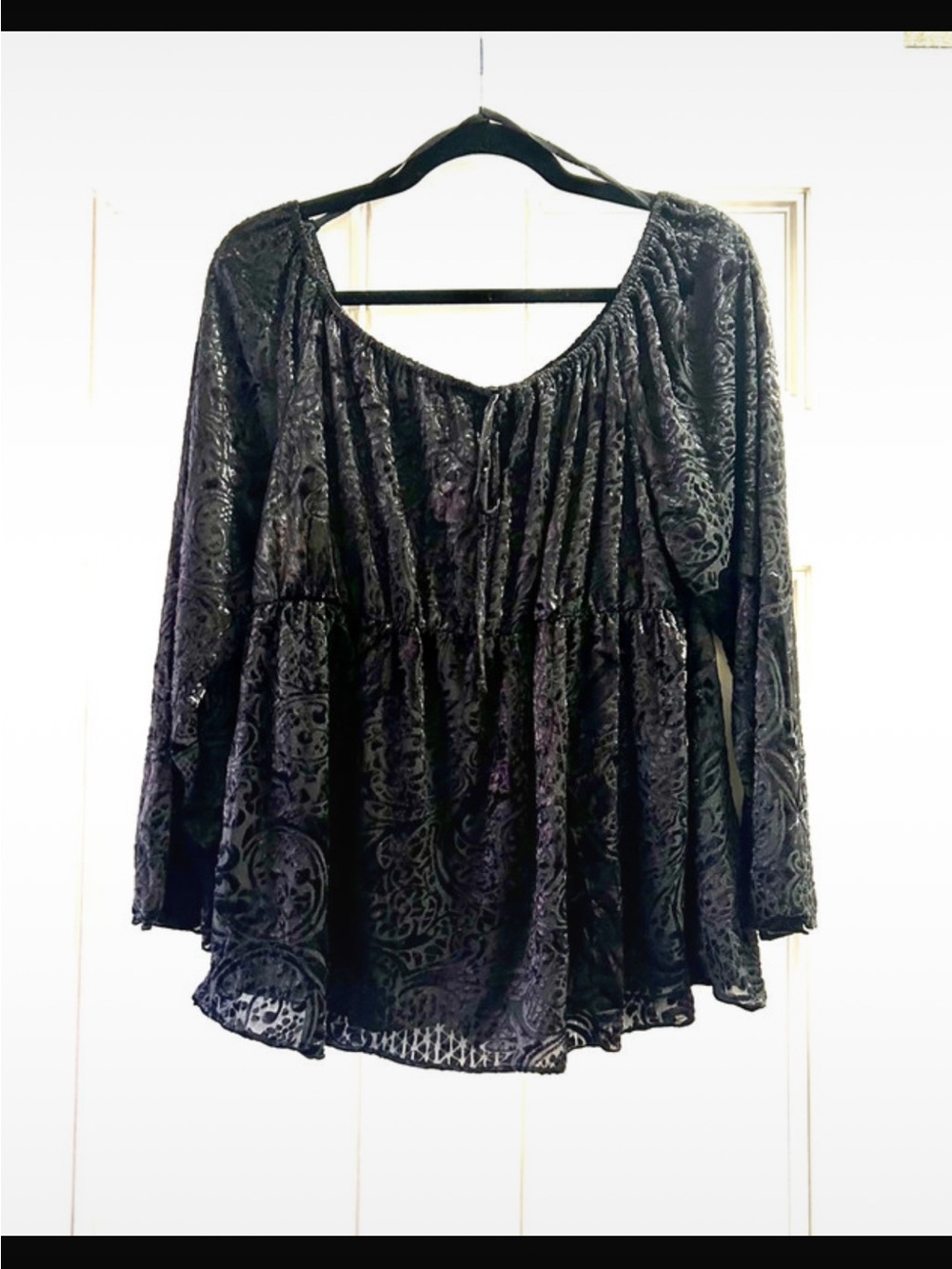 Women's Black Velvet Burnout Peasant Top